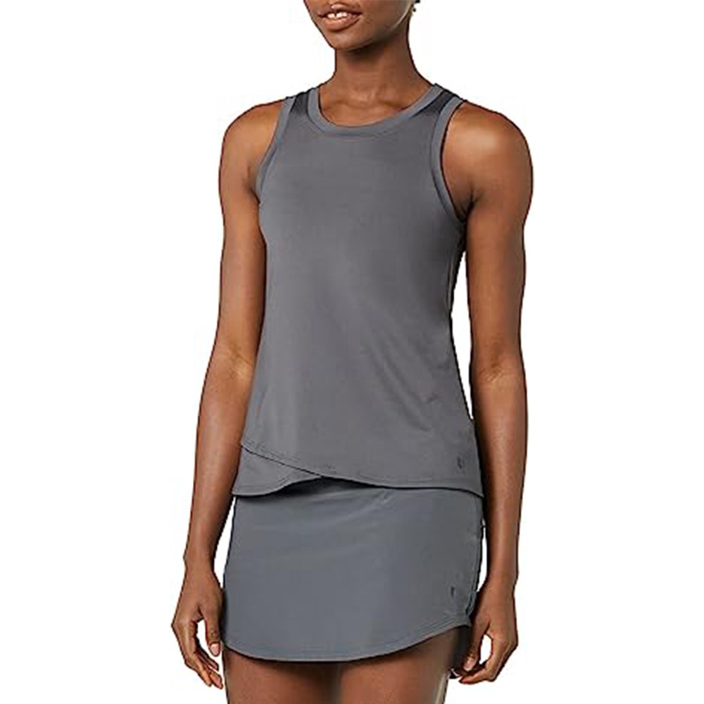 Woman wearing a gray fitness tank top