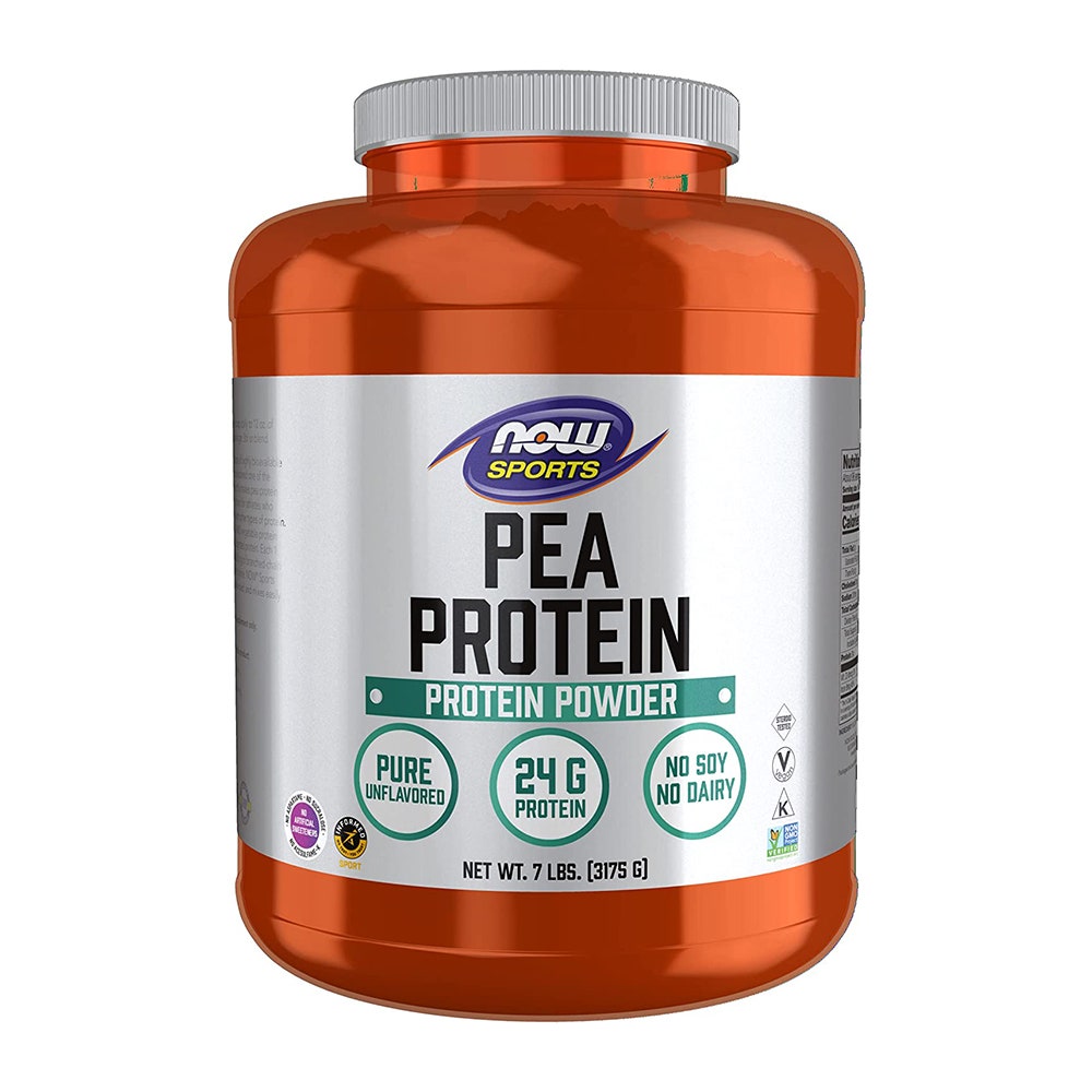Large orange container of protein powder