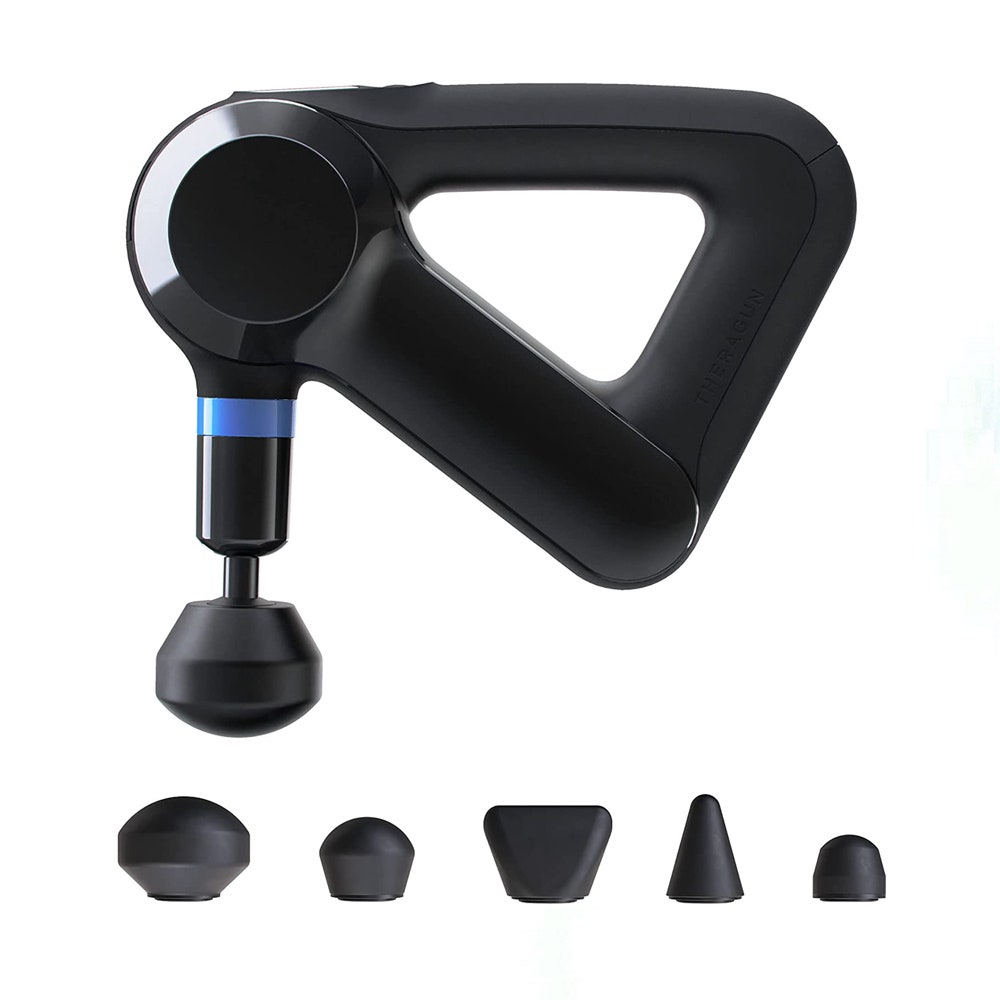 Black TheraGun Elite (4th generation) and components on a white background