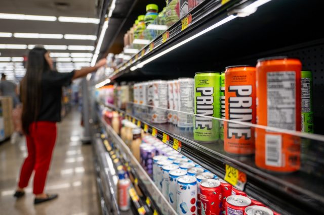 PRIME energy drinks are seen on the shelves of a Walmart Supercenter.