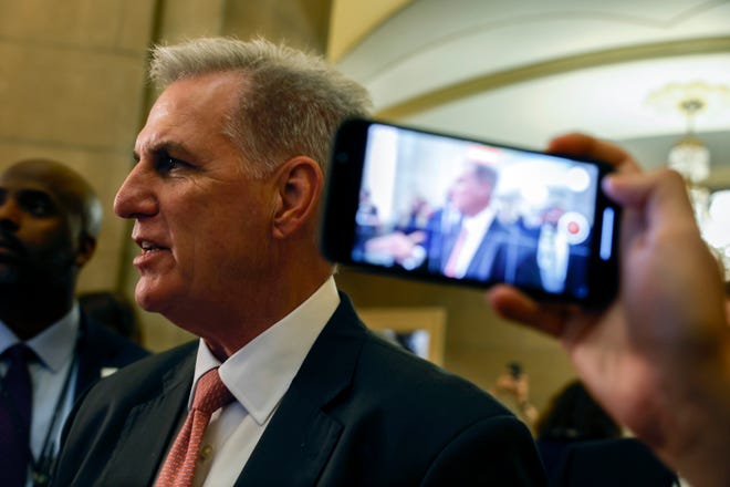 U.S. House Speaker Kevin McCarthy, R-Calif., speaks to reporters as he walks to his office in the United States Capitol July 13, 2023 in Washington, DC.