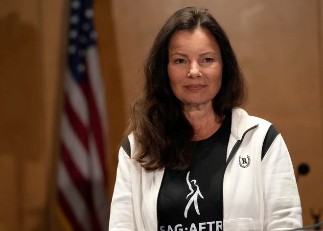 SAG-AFTRA President Fran Drescher at a news conference announcing the actors' strike July 13, 2023 in Los Angeles.